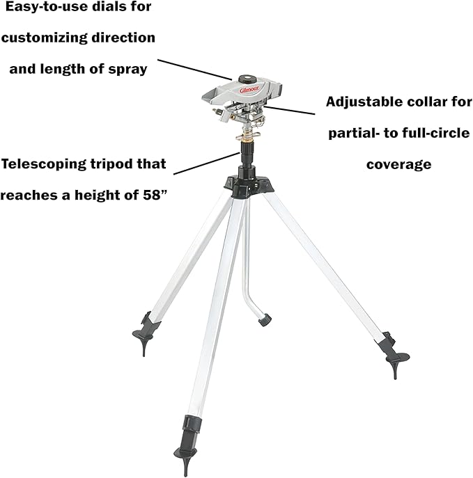 Gilmour Pro Telescoping Extra Large Area Circular Water Sprinkler for Lawn, Tripod Sprinkler with 8,500 sq ft Coverage, White/Black | Heavy Duty, Adjustable Full or Partial Circle, 53 ft Range, 8,500 sq ft Coverage for Large Yards, Gardens & Flower Beds