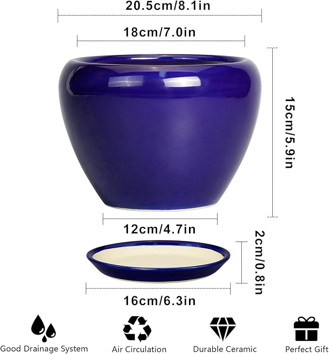 Ceramicfor Ceramic Plant Pot 8 Inch - Planter for Outdoor Plants Indoor Plant Pot with Drainage Hole and Saucer Decorative Round Planter Modern Flower Pot for House Decor Blue