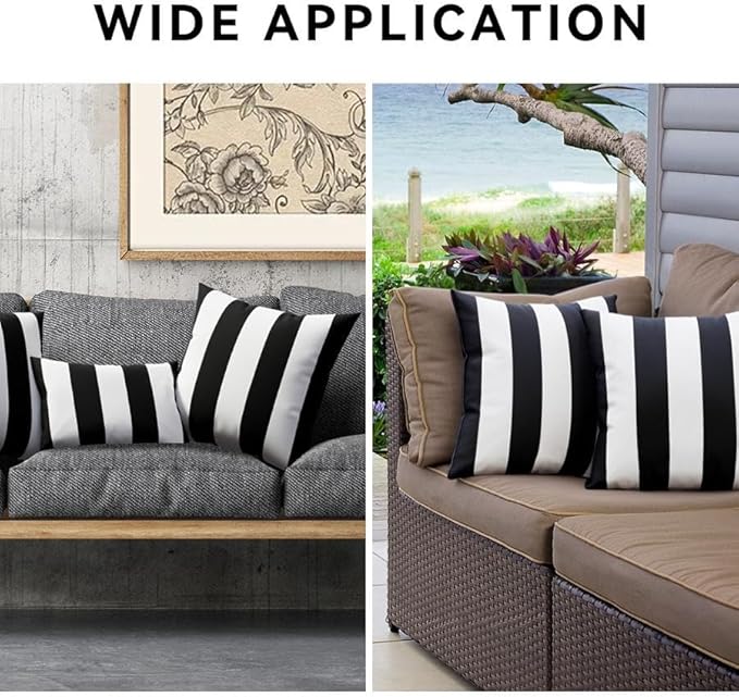 WESTERN HOME WH Pack of 2 Outdoor Waterproof Striped Pillow Covers Square Decorative Garden Cushion Covers Modern Farmhouse Throw Pillowcases for Patio Tent Balcony Couch Sofa 20x20 inch Black