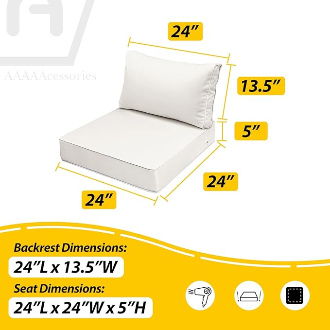 AAAAAcessories Outdoor Seat Cushions for Chairs, Fade-Resistant, Waterproof Patio Furniture Replacement Cushions, 24" x 24" x 5" + 24" x 13.5", Creamy White