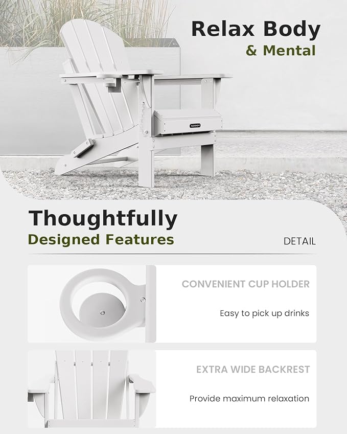 MUCHENGHY Folding Adirondack Chairs, Patio Chairs, Lawn Chairs, Outdoor Chairs, Adirondack Chair Plastic, Fire Pit Chairs, Weather Resistant with Cup Holder for Deck, Backyard, Garden(White)