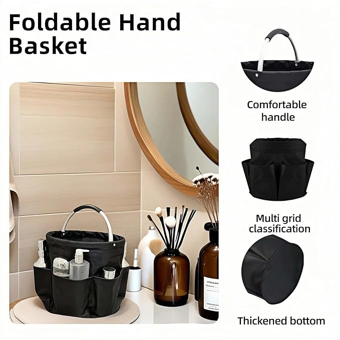 Foldable Storage Basket, Black Oxford Fabric Multi-Pocket Collapsible Basket with Handles:Portable Picnic,Beach,Garden Harvest,Market Shopping Basket,Home Storage,Bathroom Organizer Travel