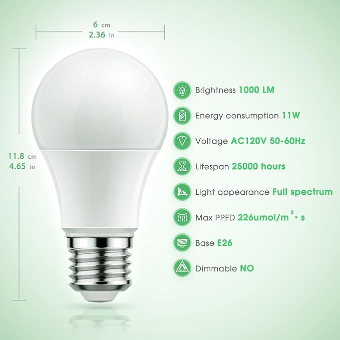 Briignite Full Spectrum LED Grow Light Bulbs, A19 Shape, E26 Base, 11W, 100W Equivalent, 6 Pack for Indoor Plants & Seed Starting