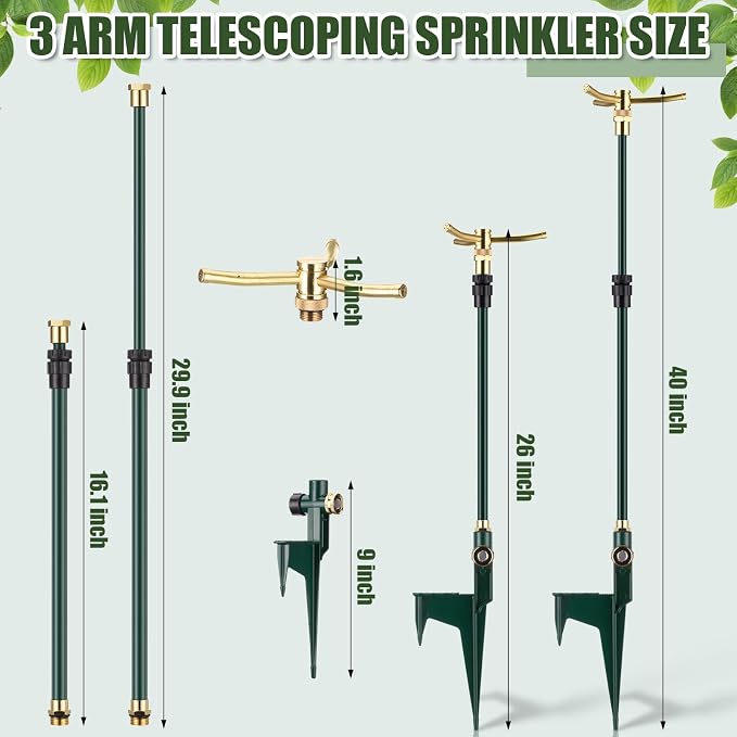 Funnymoom 4 Pack 3-arm Rotating Telescoping Sprinkler 360 Degree Swivel Garden Sprinkler High Rise Lawn with Step Base up to 41.7 Inches for Large Area Coverage (Green)