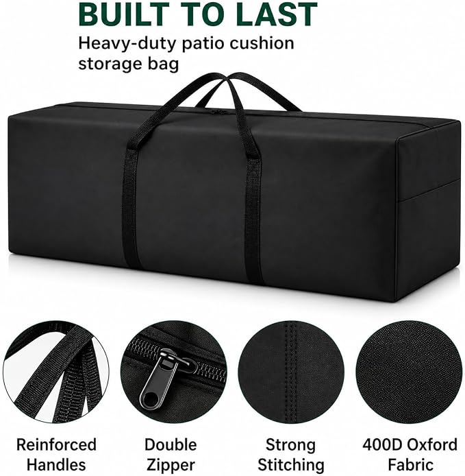 Cushion Storage Bag 420D Waterproof 68" Rectangular Outdoor Patio Cushion Storage Bags — Outdoor Cushions Storage Bag with Zipper and Handles Extra Large Storage Bags 68" L x 29" H x 20" W Black