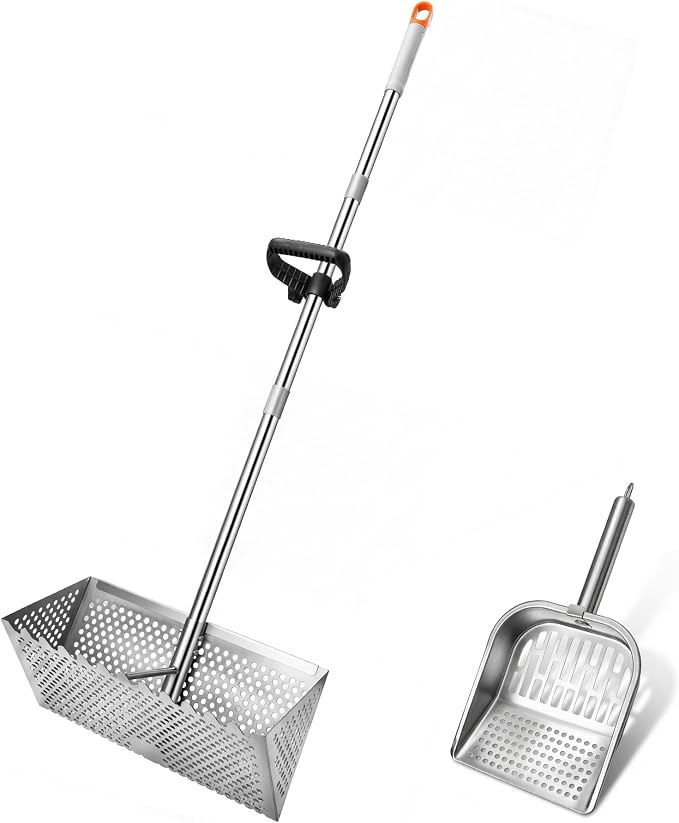 Sand Flea Rake with Beach Mesh Shovel, Detachable Long Handle Sand Sifter for Beach, The Shark Tooth Screen Comes with 16in Width Drain Screen with 52in Handle
