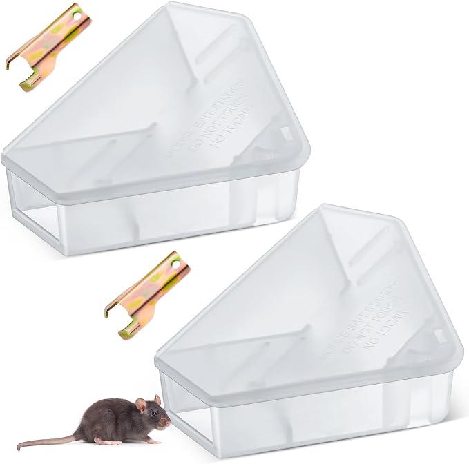 Qualirey 2 Pcs Mice Station with Key Triangle Mouse Station Lockable Reusable Bait Box, Enclosed Design for Indoor and Outdoor Use, Suitable for Small Mice (Translucent)