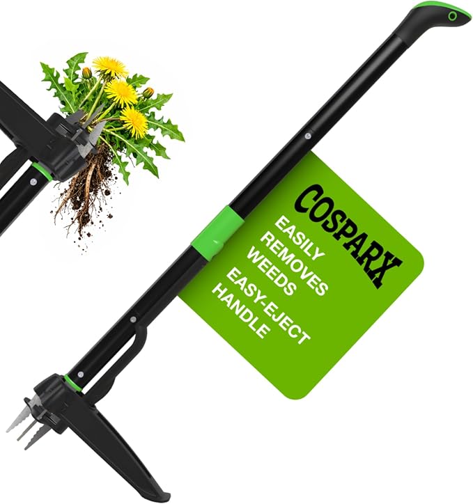 COSPARX Weed Puller Tool with Long 43” Handle, No Bending, Easy Eject – Removes Weeds Effortlessly, Sturdy Foot Pedal & Lightweight Aluminum - 4-Claw Hand Weeding Tool