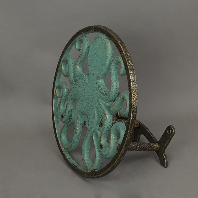 Zeckos Verdigris Octopus Garden Hose Hanger - Cast Iron Decorative Wall-Mounted Holder - 12-Inch Diameter - Stylish Outdoor Decor for 75–100 ft Capacity