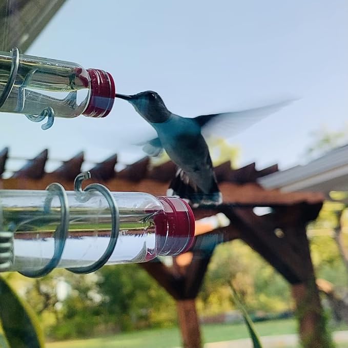 Window Hummingbird Feeder | Handcrafted Copper and Aluminum | Multiple Stations | Modern Hummingbird Feeder | Glass Bottles | Suction Cups (Aluminum, Four Station)