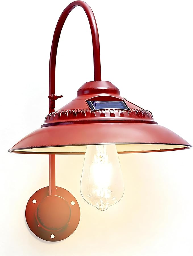 Goodeco Solar Barn Light with Motion Sensor - Metal Design Outdoor Light - 4 High Efficiency Solar Panels, Warm White Edison LED Bulb for Chicken Coop, Porch, Barn, Shed, Garden (Red)