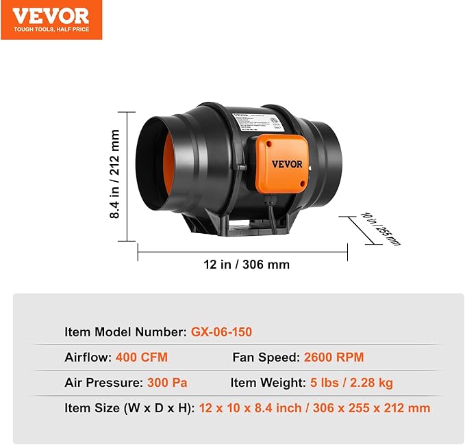 VEVOR Inline Duct Fan, 6-Inch 400 CFM with Variable Speed Controller, Quiet AC-Motor Ventilation Exhaust Fan for Cooling Booster, Grow Tents, Hydroponics