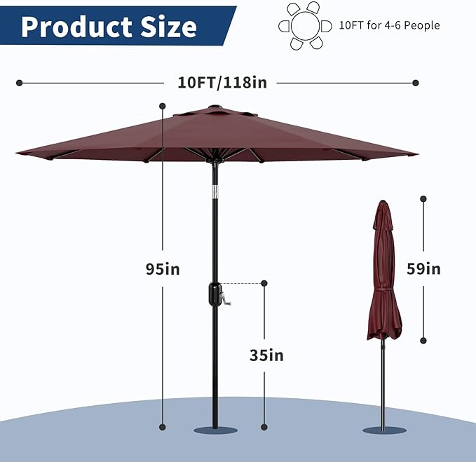 Garvee 9 ft Patio Umbrella - 8 Sturdy Ribs Outdoor Table Umbrella with Crank Lift & Push Button Tilt - Market Umbrella for Pool, Deck, Yard, Garden - Dark Red