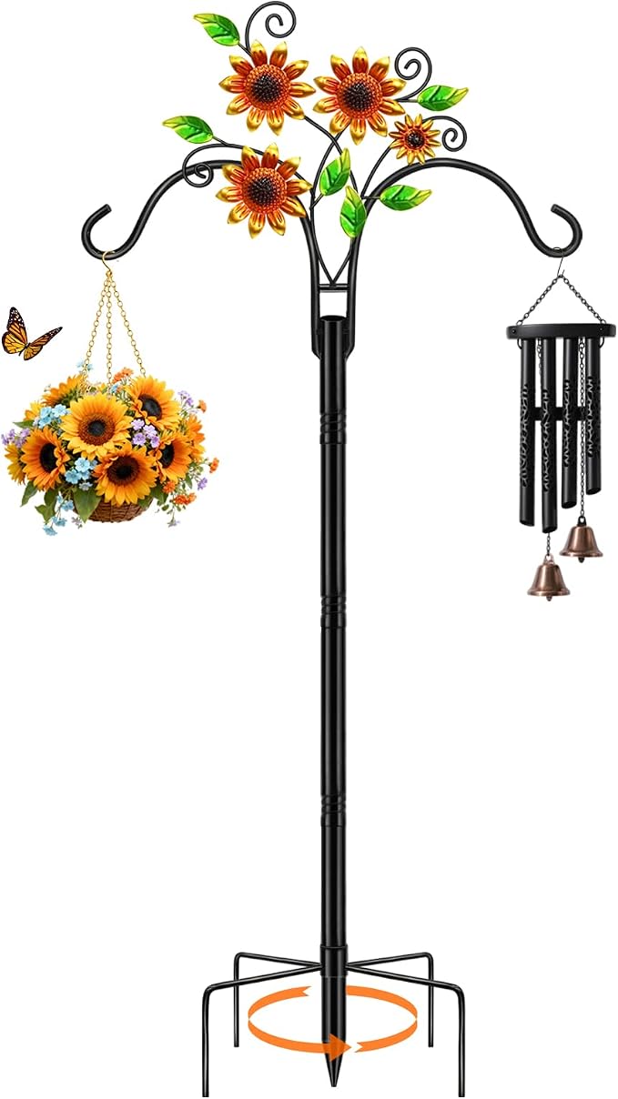 Double Shepherds Hooks for Outdoor, 1 Pack 78 Inch Bird Feeder Pole with 5 Prongs Base, Adjustable Heavy Duty Plant Hangers Sunflower Art for Outdoor Plants Hummingbird Feeder Hanging Basket Lantern