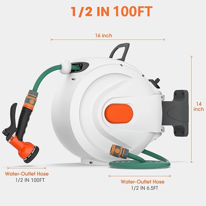Retractable Garden Hose Reel - 1/2 inch x 100ft Wall Mounted Hose Reel with 3/4 inch Brass Fitting & 8 Function Sprayer Nozzle - Any Length Lock, Auto Rewind System, 180°Swivel Bracket