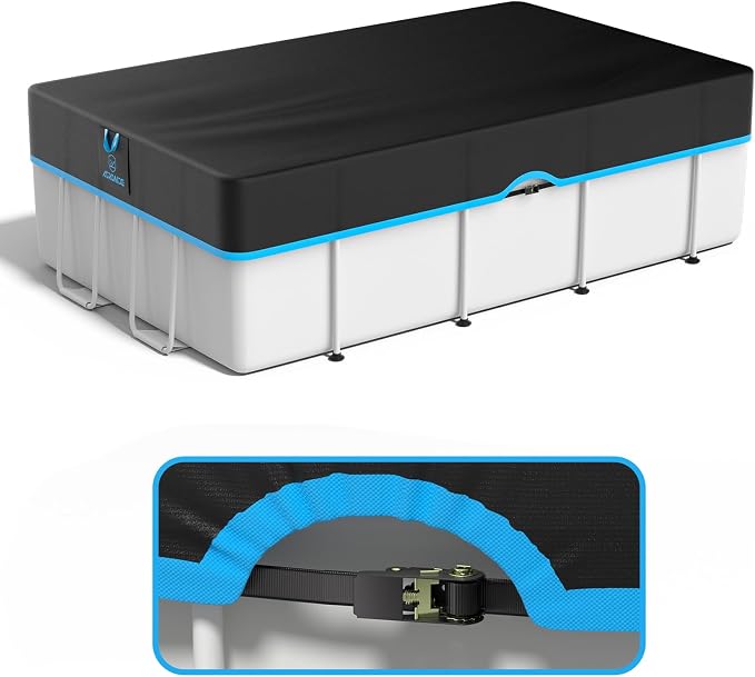 12x24 Ft Rectangle Pool Cover, Heavy Duty Winter Pool Cover Protector for Above Ground Pool, Fast Tightening Ratchet & Sturdy Nylon Black Strap, 420D Oxford Fabric for All Season Use