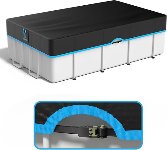 12x24 Ft Rectangle Pool Cover, Heavy Duty Winter Pool Cover Protector for Above Ground Pool, Fast Tightening Ratchet & Sturdy Nylon Black Strap, 420D Oxford Fabric for All Season Use