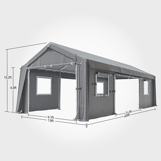 13x20FT Heavy Duty Carport Canopy 4 Roll-Up Doors & 4 Windows Portable Garage All-Season Outdoor Storage Shed for Car Truck Boat Shelter Party Tent, Gray