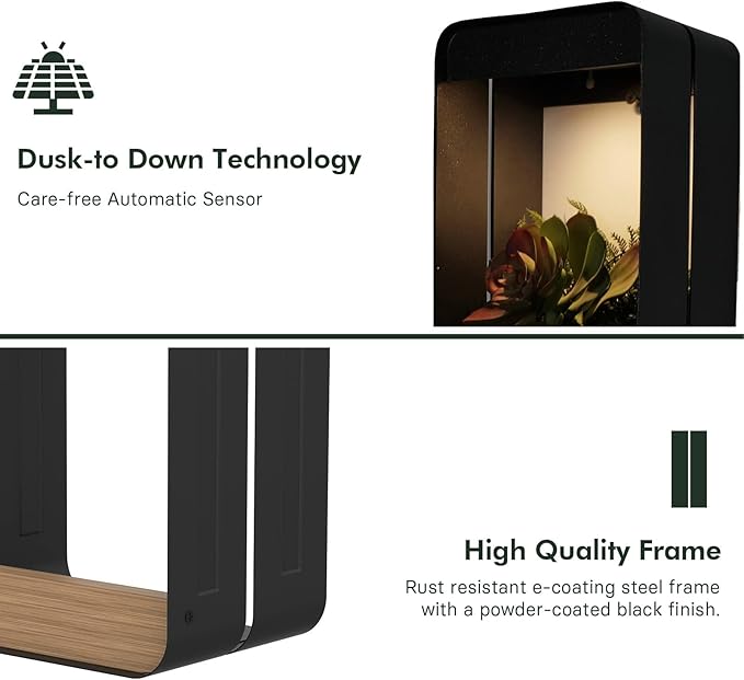 Grand patio Outdoor Solar Wall Sconce Shelf Planter, Decor LED Waterproof Wall Light Lamp with Woodgrain for Patio, Porch, Solar Energy, Black (S-Rectangle)
