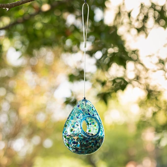 Glitzhome Glass Bird Feeder for Outdoors, 6.75" H Blue Dots Teardrop Hanging Birdfeeder for Garden Tree Yard Outside Decoration