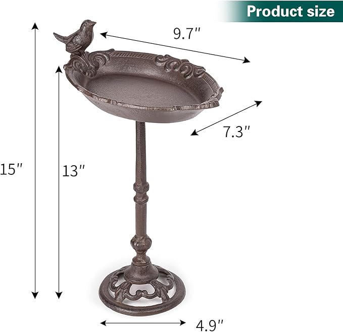 Sungmor Vintage Cast Iron Birdbath for Outside,15.6" Tall Bird Feeder with Adorable Bird Statue,Freestanding Oval Water Bowl,Distressed Brown Finish