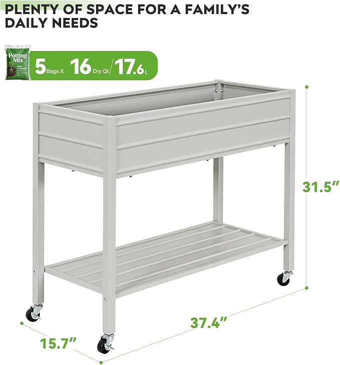 32" Tall Galvanized Raised Garden Bed with Legs Wheels & Shelf, Elevated Planter Box Outdoor for Vegetables, Herbs & Flowers, Patio & Backyard, Garden Bed with 400lb Capacity，Grey