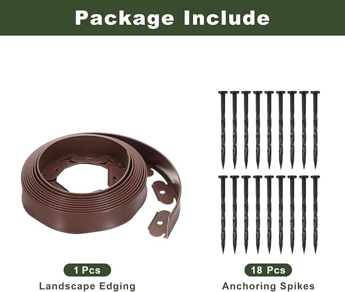 uxcell Landscape Edging, 1Pcs 20FT x 2" - Garden Edging Kit with 18 Stakes, Landscape Edging Border for Garden Lawn Flower Bed Yard Grass (Brown)