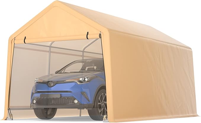 Tangkula 10.5x17 Ft Heavy Duty Carport, Portable Garage with Roll-up Front Door, Metal Car Port with Reinforced Ratchet Straps, Outdoor Car Canopy for Auto, Truck, Boat, SUV