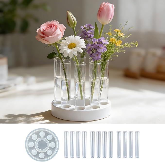 Flower Vase Resin Molds Silicone， Circular and Curved Silicone vase Base+32 Flower Arranging Test Tubes, Suitable for Inserting Fresh Flowers and Cultivating Plants, Desktop Vases Home Decor (B)