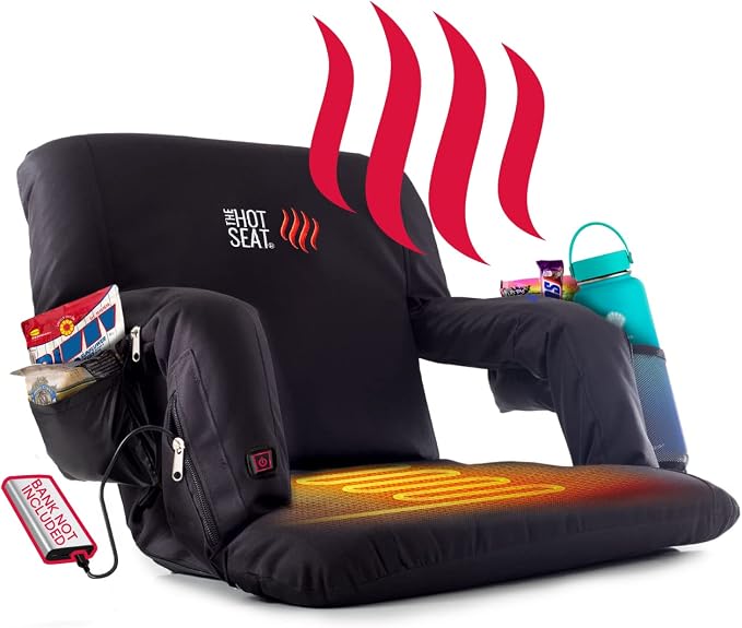 POP Design The Original Hot Seat, Portable Heated Stadium Seat for Bleachers, Reclining Arm and Back Support, Thick Cushion (USB Battery Not Included)