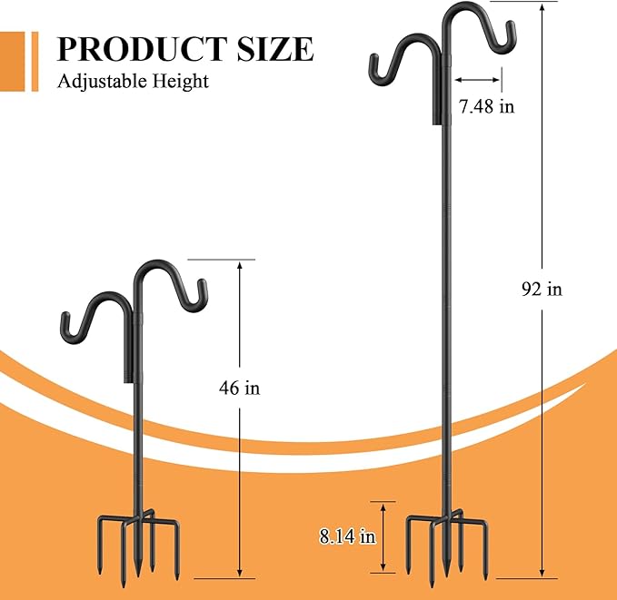 92" Double Hooks Heavy Duty Adjustable Bird Feeder Pole with Sturdy 5-Prong Base, Height Adjustable Shepherds Hook for Hanging Feeders, Plants, Solar Lanterns & Wind Chimes (2026 Upgrade)