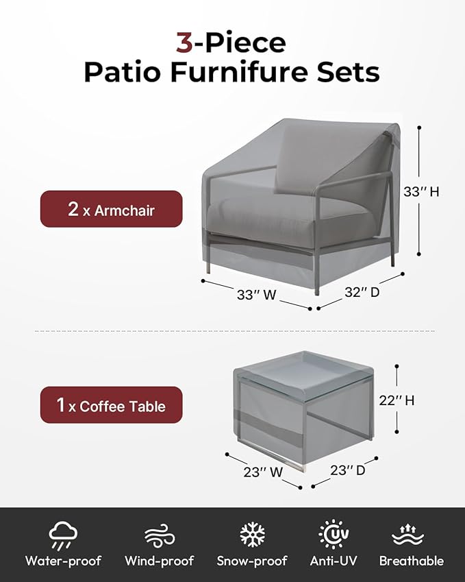 Loriano Patio Furniture Covers Set, 3 Piece Outdoor Furniture Cover Waterproof, 600D Heavy Duty Lawn Furniture Covers Set Grey