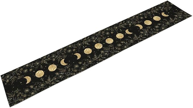 Floral Moon Table Runner, Boho Gothic Spring Flower Gold Moon Phase Seasonal Garden Mystical Rustic Coffee Table Center Decor for Family Kitchen and Living Outdoor Farmhouse Table Decorations, 13"x36"