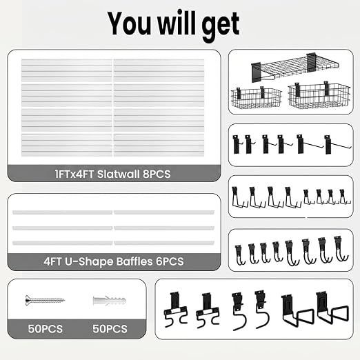 SMARTSTANDARD Slatwall Panel 4x8 FT, Garden Wall Organizer with 31 Garden Tool Hooks & Baskets,Heavy Duty PVC Slat Wall Panels for Gardening, Easy to Install & DIY Cutting(White)
