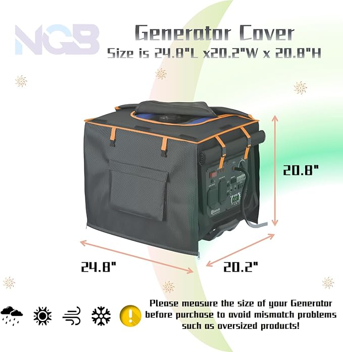 NGB Outdoor Generator Cover, 24.8L x 20.2W x 20.8H for Universal Most Inverter Generators Made of 600D Plus 210D Double Layer Heavy Duty Waterproof Fabric with Waterproof Top Cover for Refueling