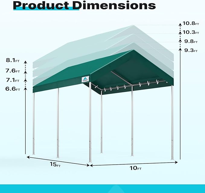 ADVANCE OUTDOOR 10x20 ft Heavy Duty Carport Potable Car Canopy Garage Party Tent Boat Shelter, Adjustable Height from 9.5 ft to 11 ft, Green
