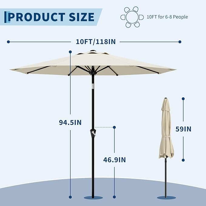 GarveeLife 10FT Umbrella Outdoor Patio, Table Umbrella with Push Button Tilt and Crank, 8 Sturdy Ribs Waterproof UV Protection for Garden, Pool, Deck, Backyard, Market (Beige White)