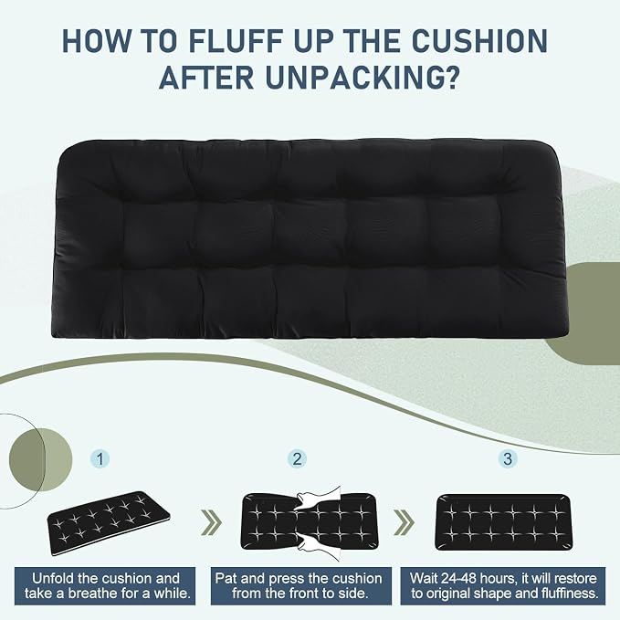 downluxe Outdoor Bench Cushion for Patio Furniture, Water Resistant Tufted Overstuffed Porch Swing Cushions, Thick Outdoor Loveseat Cushions, 59" x 18" x 5", Black, Set of 1