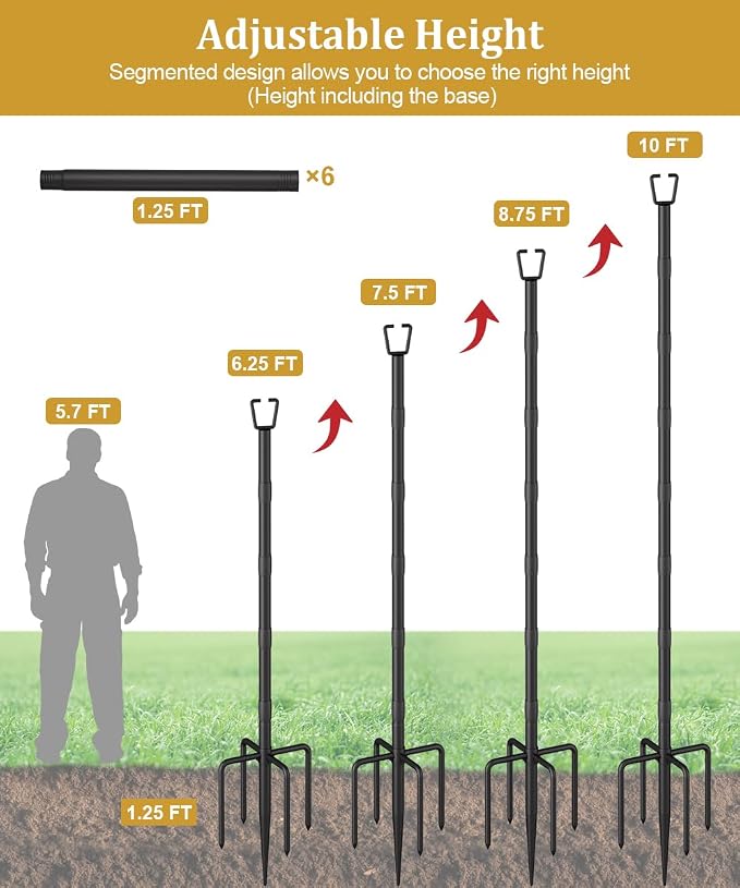 2 Pack 10FT String Light Poles for Outdoor Decor, Sturdy Light Pole with Fork, Adjustable Metal Posts for Outside Patio, Backyard, Deck, Garden, Party, Wedding