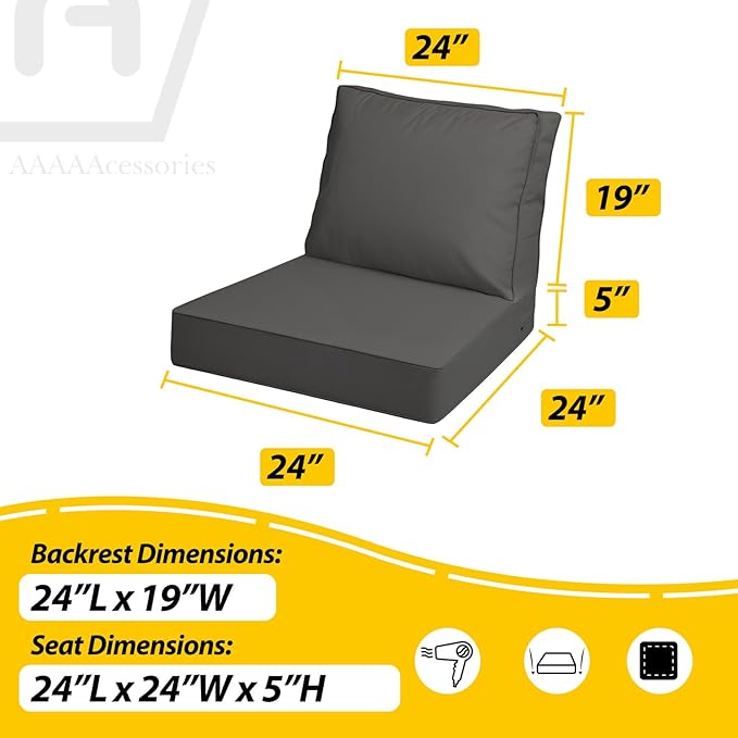 AAAAAcessories Outdoor Deep Seat Cushions with Double Welted Pillow, Waterproof, Fade-Resistant Patio Furniture Replacement Cushions, 24" x 24" x 5" + 24" x 19", Dark Gray