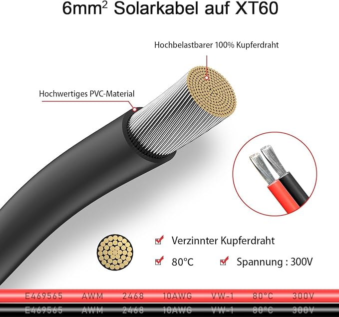 ELFCULB 10AWG 35FT XT60 Solar Cable 2 10 25 35 50 75 100FT XT60 Extension Cable Solar Panel Connector to XT60 Connector for Portable Power Station (35FT)
