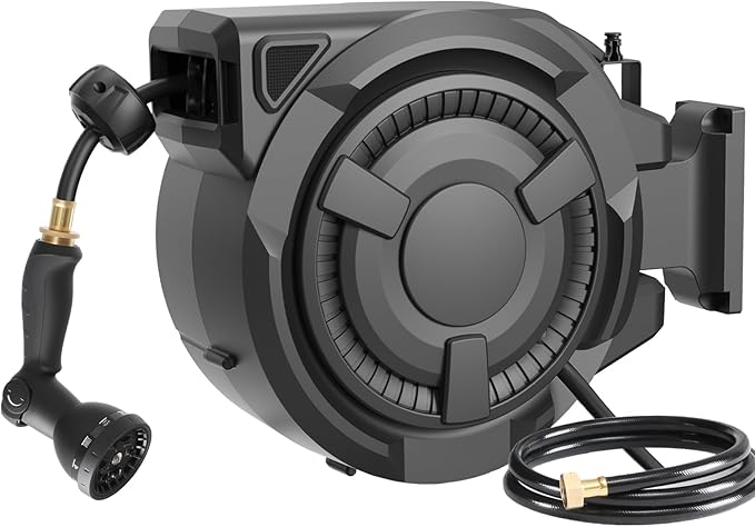 wikiwiki Retractable Garden Hose Reel 5/8 in x 100 ft, Heavy Duty Wall Mounted Hose Reel with 10- Function Sprayer Nozzle, Automatic Slow Return System/180°Swivel Bracket/UV Resistant