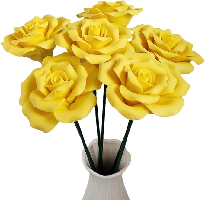 Handmade Porcelain 3D Ceramic Rose Flower, Eternal Flower Decoration for Home Office Decor, Creative Desktop vases, Porcelain Decorations, Exquisite, Set of 6 (Yellow)