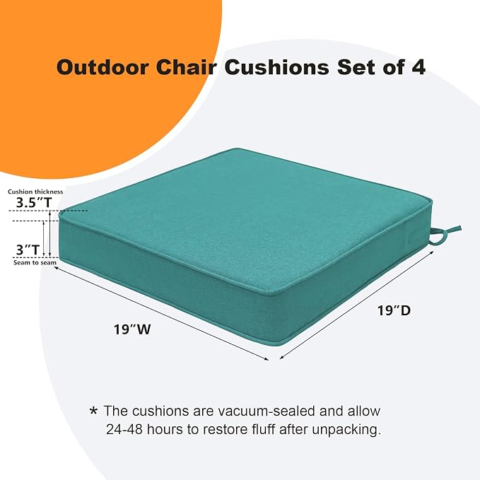 Unimatta Square Corner Seat Cushions, 19" x 19" x 3", Set of 4, Indoor Outdoor Water Repellent Universal Chair Pads with Ties for Patio Furniture, Garden Deck Dining Chairs, Turquoise