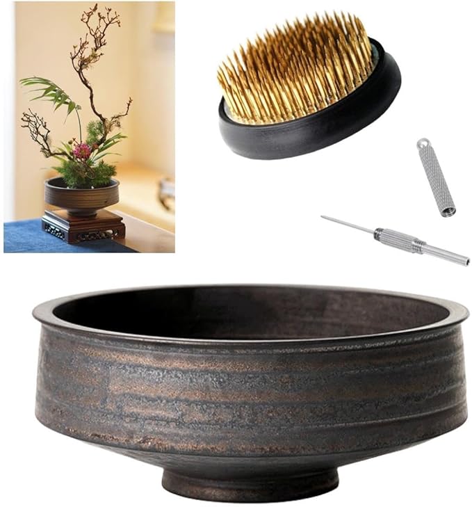 Japanese Ikebana Vase Kit, Flower Shallow Container 7.5inch Ceramics Flower Bowl Ikebana Vase with 2.4inch Floral Frog and 2-in-1 Kenzan Corrector (Retro Style)