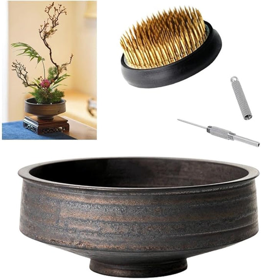 Japanese Ikebana Vase Kit, Flower Shallow Container 7.5inch Ceramics Flower Bowl Ikebana Vase with 2.4inch Floral Frog and 2-in-1 Kenzan Corrector (Retro Style)