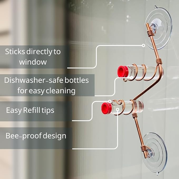 Geometric Window Hummingbird Feeder | Copper and Aluminum | Multiple Stations | Modern Hummingbird Feeder | Handcrafted | Home Décor | Glass Bottles | Suction Cups (Copper)