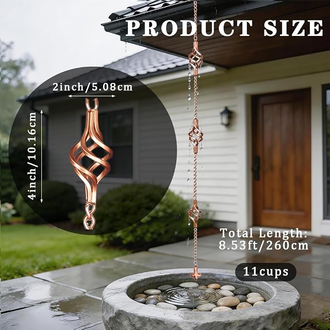 Rain Chains for Gutters with 11 Spiral Cups, 8.5 FT Heavy Duty Rain Catcher Chain Set with Adapter & Anchor, Copper Decorative Water Chain for Outside, Replacement for Gutter Downspout Garden Decor.