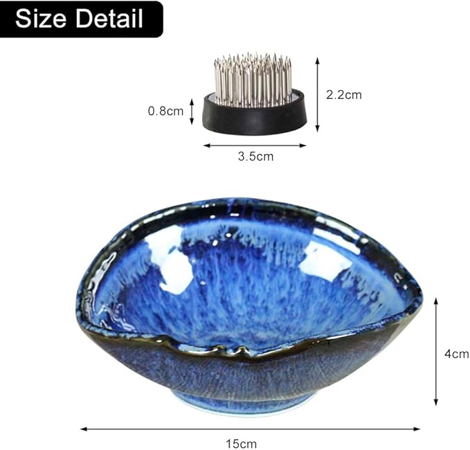 WANDIC Floral Arranging Vase, Blue Irregular Oval Shape Ceramic Ikebana Vases with 3.5cm Mini Round Flower Frog for Ikebana Floral Arrangement Art Home Decor