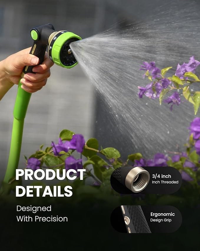 RAINPOINT Garden Hose Nozzle Heavy Duty - 100% Metal Thumb Control Spray Nozzles for Garden Hose High Pressure, 10 Patterns Water Hose Nozzle for Car Wash, Watering Lawn and Pets, Green
